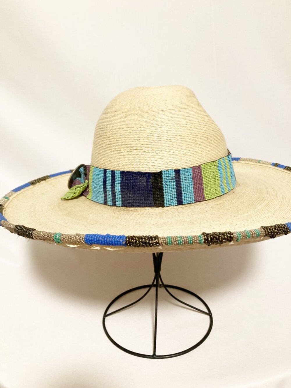 Hand Beaded SunBody Palm Leaf Hat Western Boho Artisan Unique Wearable Art - Picture 7 of 12